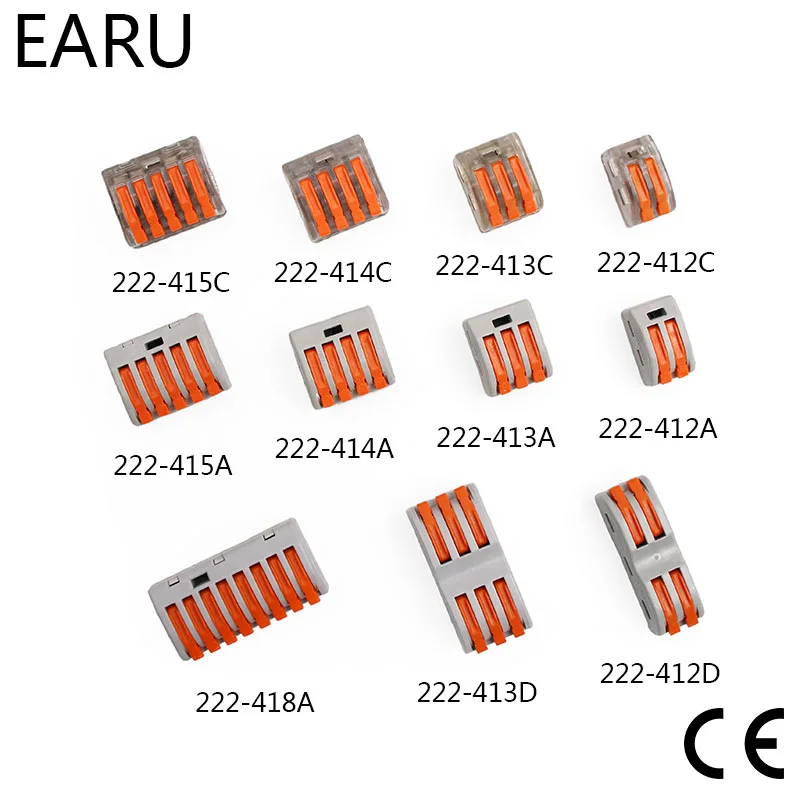 

Соединитель для проводов компактный, тип 222-412, 222-413, 222-415, Клеммная колодка с рычагом 0,08-2, 5 мм2, 214, 218, SPL-2, 3