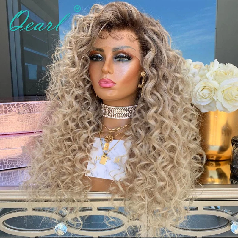 

Light Blonde Human Hair Lace Front Wig 13x6 Kinky Curly Ombre Wigs Free Part Brazilian Remy Hair Ashy Brown Roots 150% Qearl