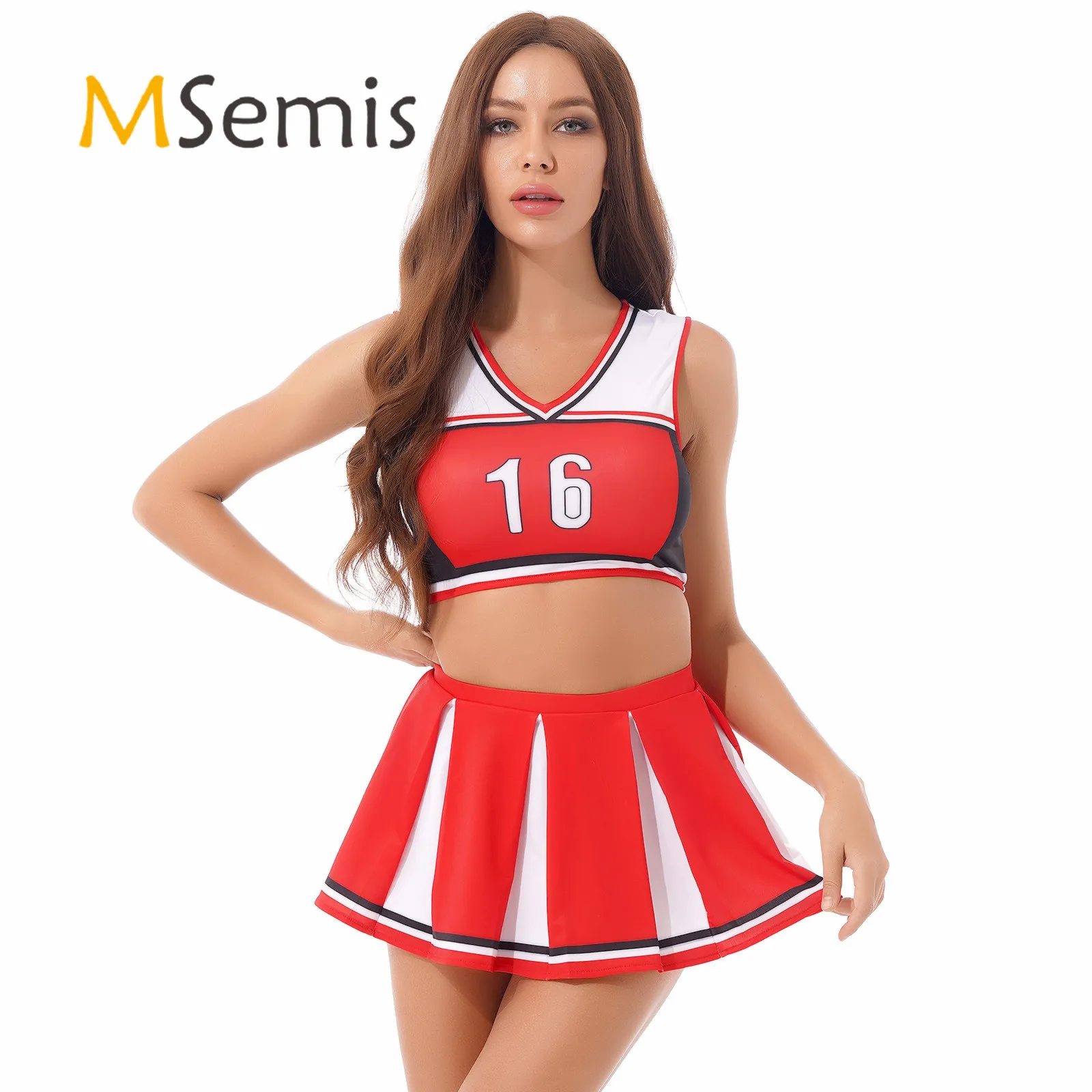 

Womens Cheerleader Uniform Cheerleading Costumes Role Play Outfits Letter Printing V Neck Sleeveless Crop Top with Pleated Skirt