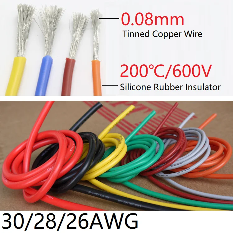 

30AWG 28WAG 26AWG Silicone Gel Rubber Wire Flexible Cable High Temperature Insulated Copper Ultra Soft Electron DIY Line Color