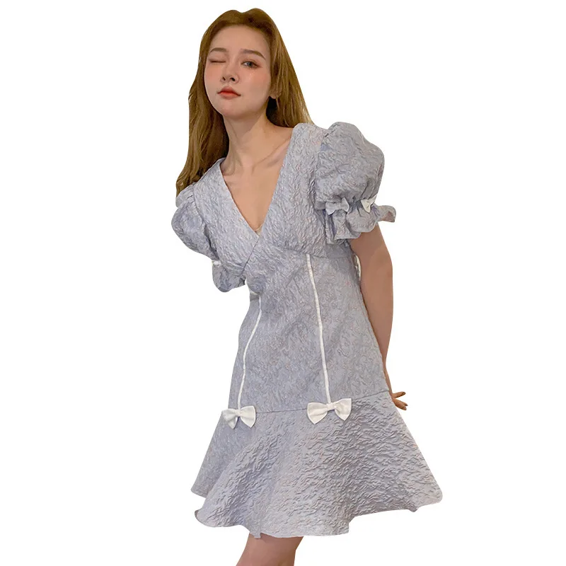 

2021 Summer V-neck Puff Sleeve Gentle Women Mini Dress New French Fashion Sweet Vintage A-line Bow Ladies Above Knee Dress
