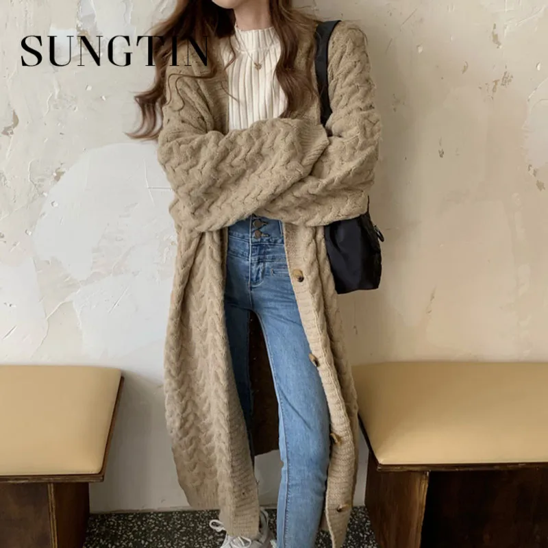 Sungtin Vintage Twisted Casual Long Knit Cardigan for Women Korean Oversized Thicken Warm Loose Women's Sweater Soft Clothings |