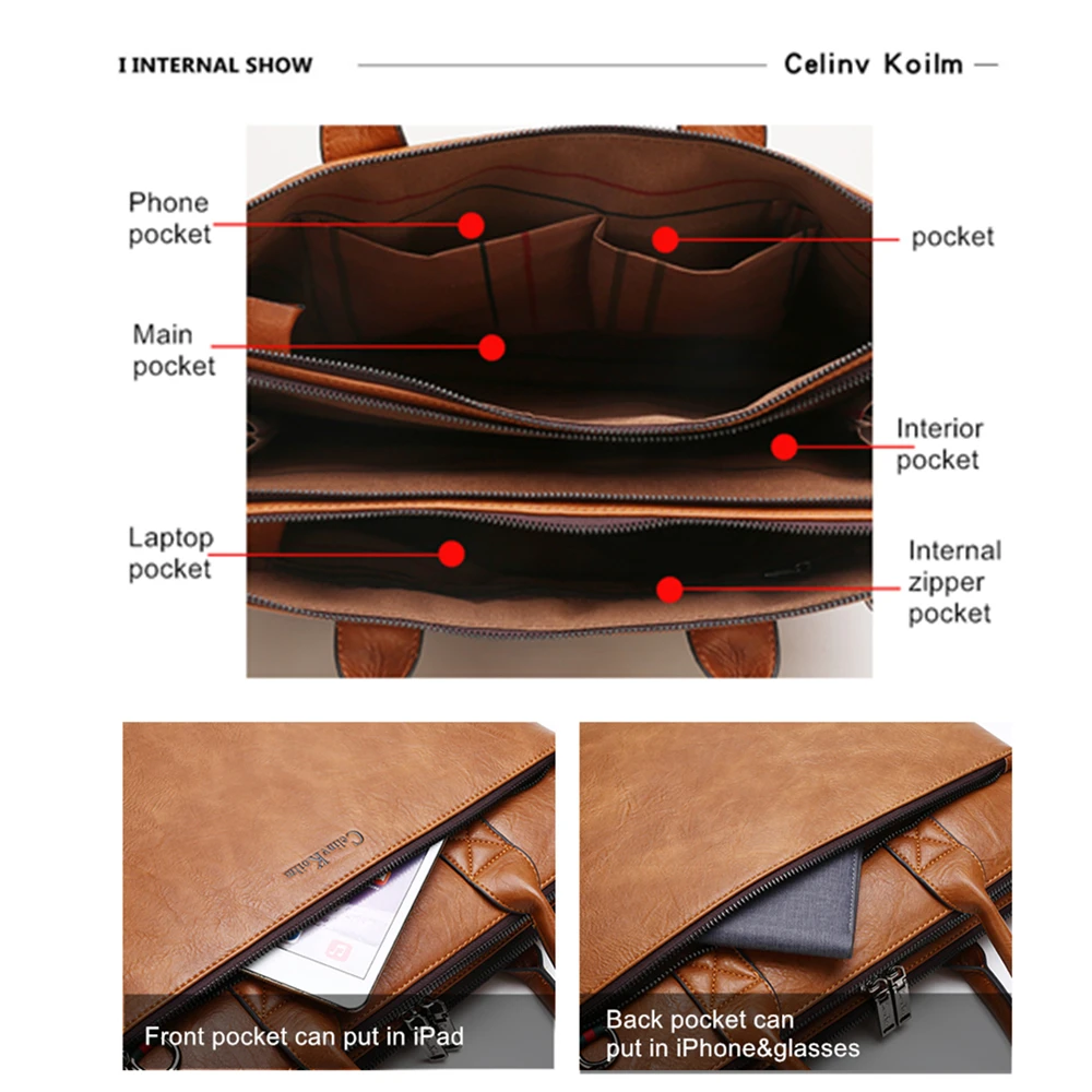 Celinv Koilm High Quality Men Briefcases Set 14 inch Laptop Business Bags Handbags Leather Office Shoulder Bags Large Capacity