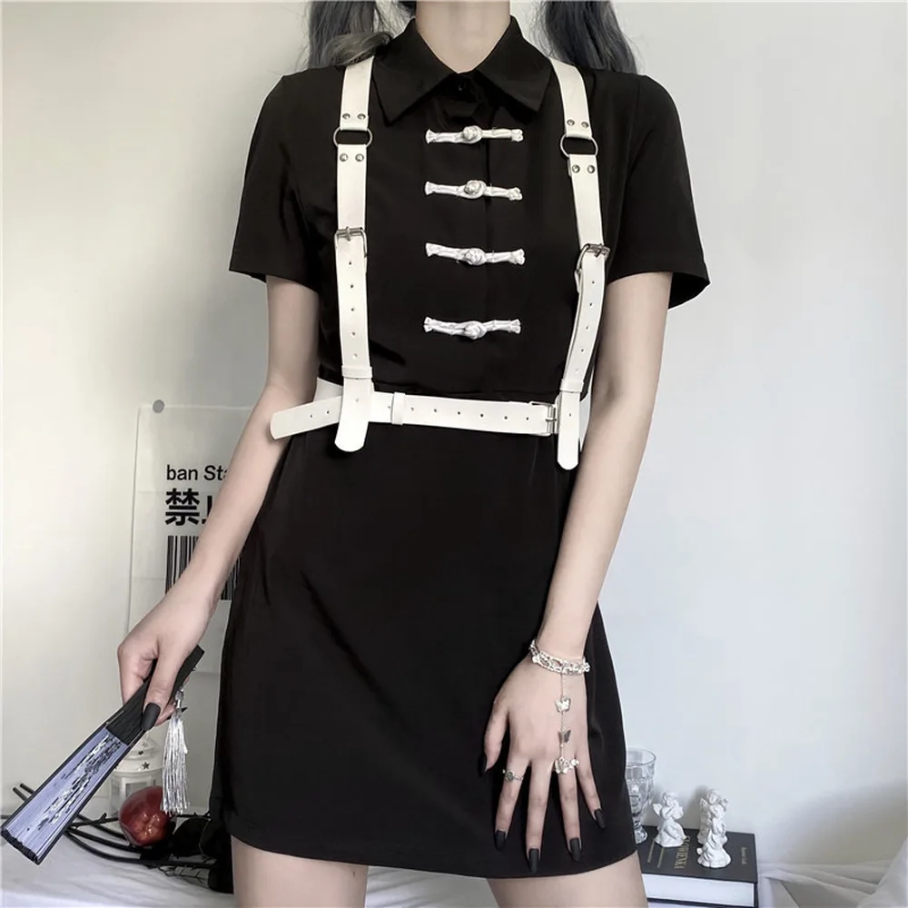 

Summer Vintage Improved Cheongsam Dress Female Lolita High Waist Short Sleeves Retro Black Mini Little Black Dresses With belt