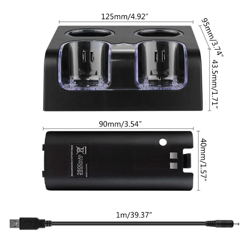 

4 in 1 LED Remote Control Charging Dock Station + 4 x 2800mAh Battery USB Cable for WII / WII u