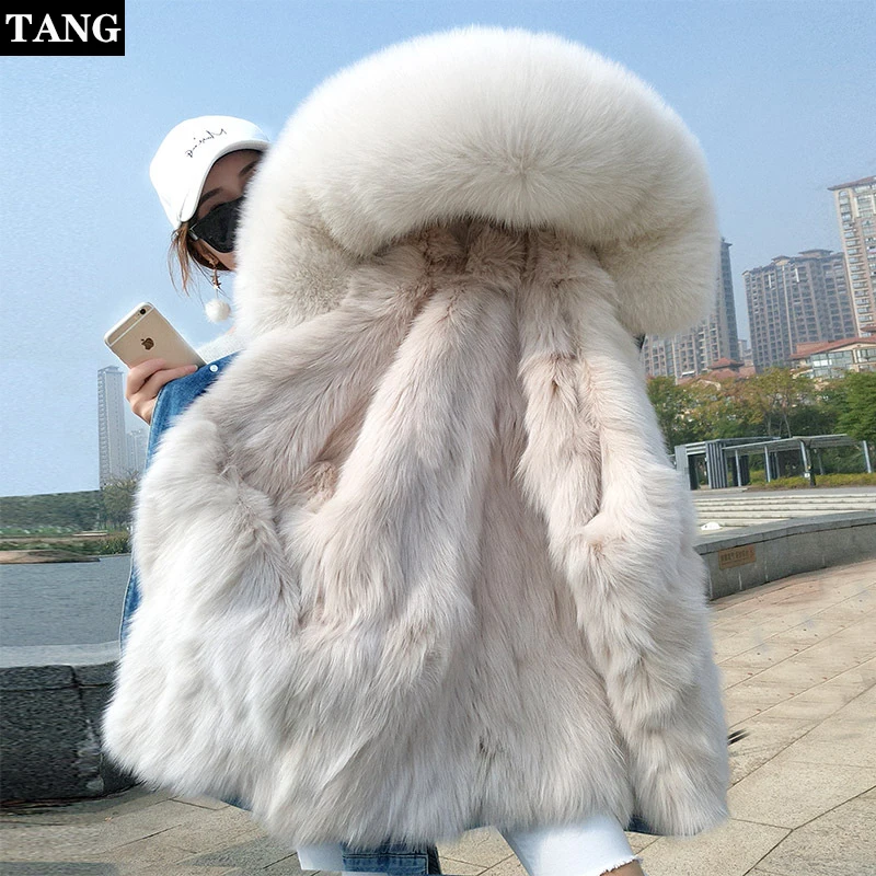 New Denim Pie Punk Fox Fur Grass Liner Coat Women Winter Real Casual Scorpion Collar Medium Long Jacket Thick | Верхняя одежда