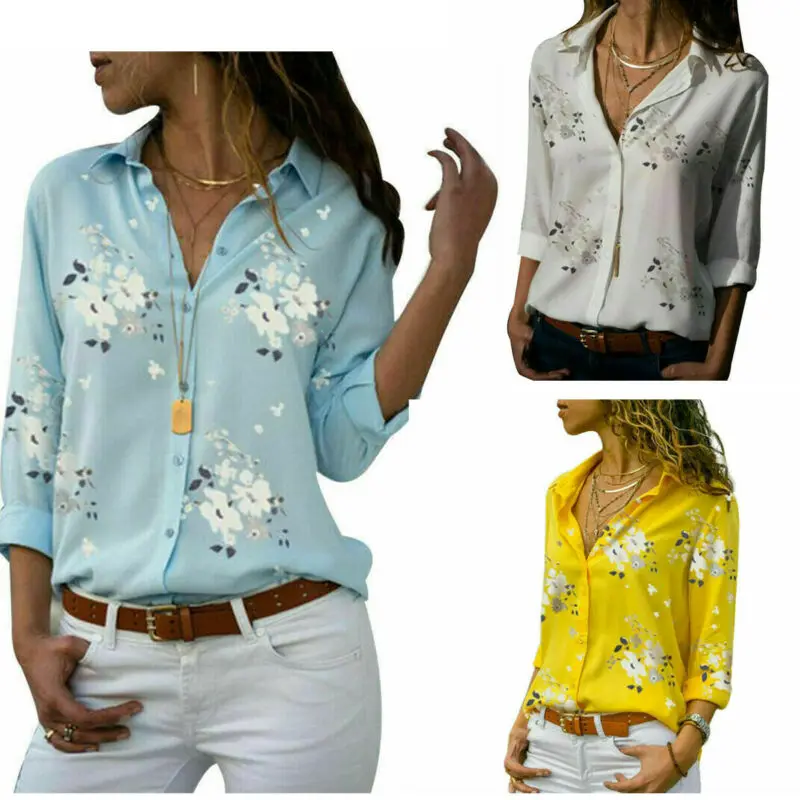 

New Women ShirtsTops Women's Summer Print Ladies Long Sleeve Button V Neck Shirt Print Loose Autumn Spring OL Wear Ladies