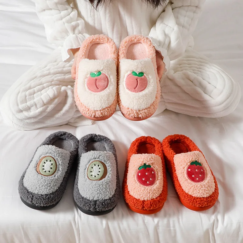 Cotton Slippers Female Autumn And Winter Fruit Pattern Cute Girl Heart Ins Trendy Home Indoor Non-slip Plush Warm Shoes For Men
