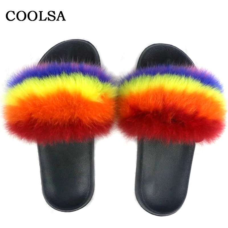 mixed color F Coolsa/летние женские шлепанцы из лисьего меха; шлепанцы без задника с натуральным мехом; женские домашние Вьетнамки; повседневные сандалии с мехом; модная пушистая плюшевая обувь - Цвет: mixed color F
