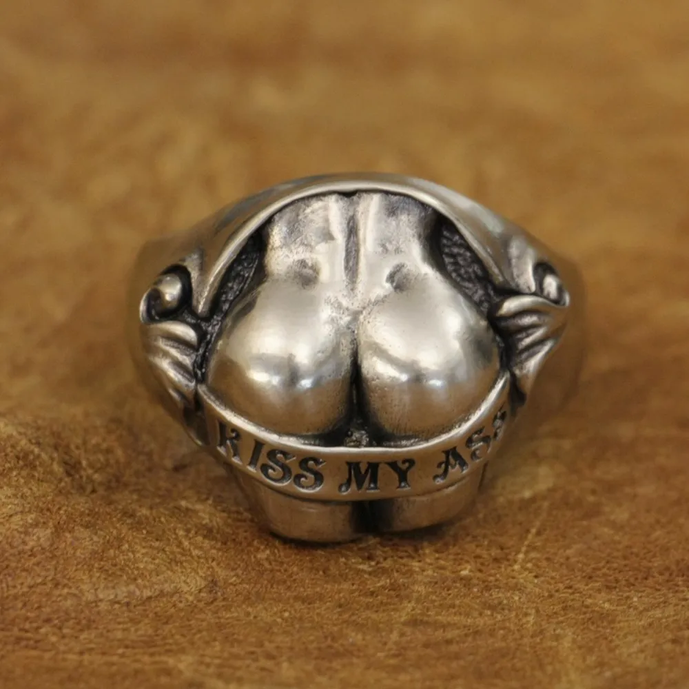 

LINSION Cupronickel Sexy Hips Buttocks Ring Kiss My Ass Mens Biker Rock Punk Jewelry CP148 US Size 7~15