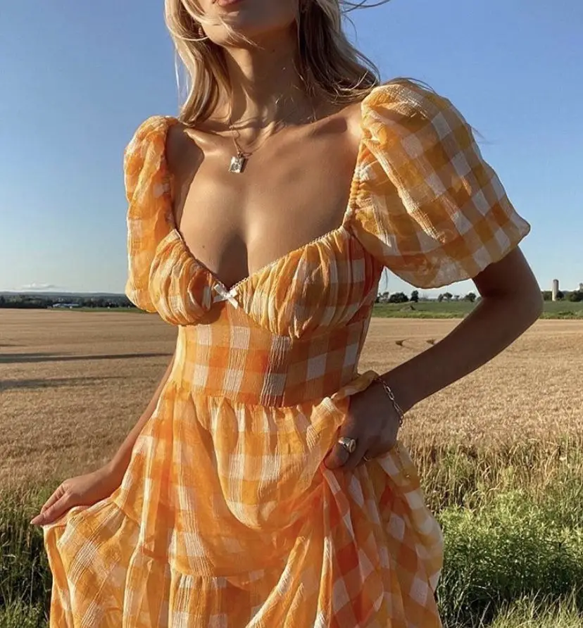

wsevypo Women Square Collar Midi A-Line Dress Boho Puff Short Sleeve High Waist Bandage Dress Summer Elegant Wedding Party Wear