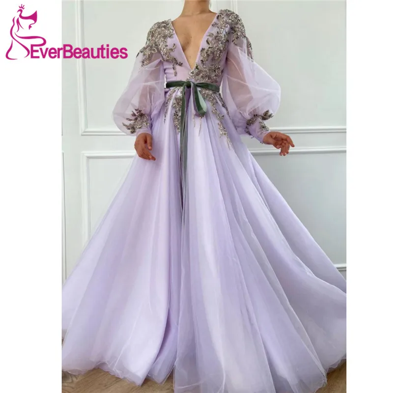 

Tulle Appliques Prom Dresses 2021 Evening Dress Long Sleeves Formal Party Gowns V-Neck Celebrity Dresses Vestido Niña Fiesta