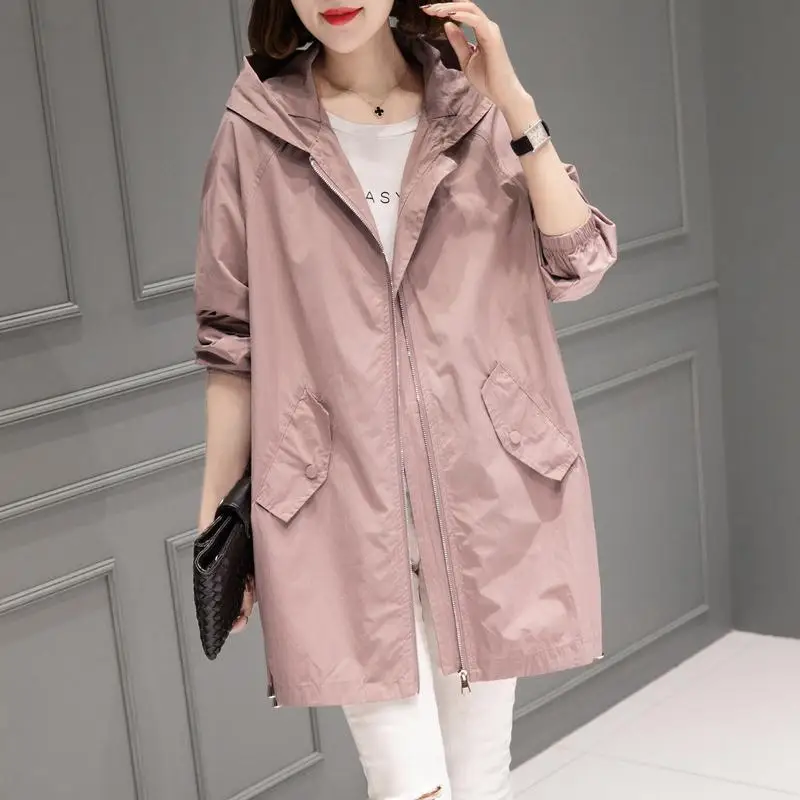 

Spring Autumn Large Size 4XL Hooded Windbreaker Coats Women's Mid-Length Trench Coat 2021 New thin Female Coat Casual Outerwear