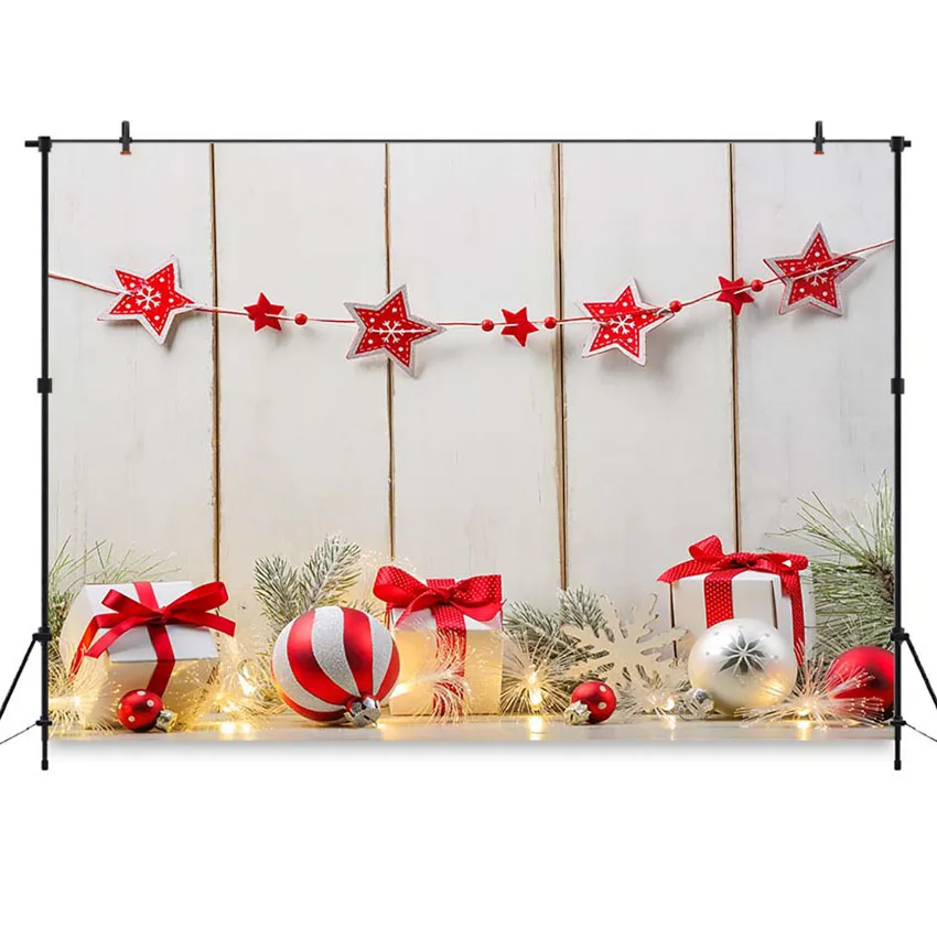 Фон для фотосъемки с красными рождественскими шарами декорация белый деревянный