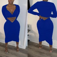 black blue white two piece skirts outfit for women full sleeve deep v neck sexy crop top and pleated mid maxi skirts elegant set