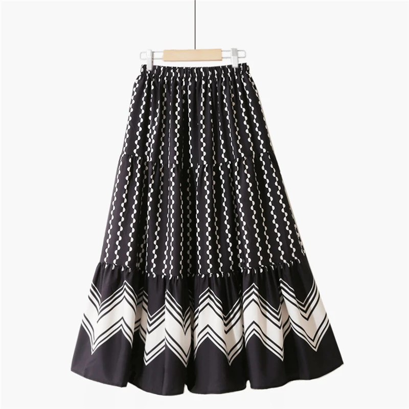 

TFETTERS Woman Skirts Black Spring/summer 2021 New High Waist Pleated Skirt Graffiti Large Pendulum Long Skirts for Women