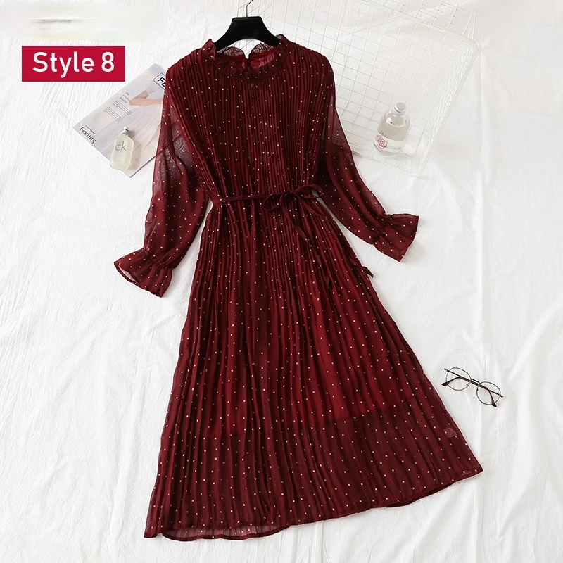 

Spring Stand Collar Floral Print Women Dress Lace Up Female Pleated Dress Summer Party Midi Chiffon Vestidos femme 2021