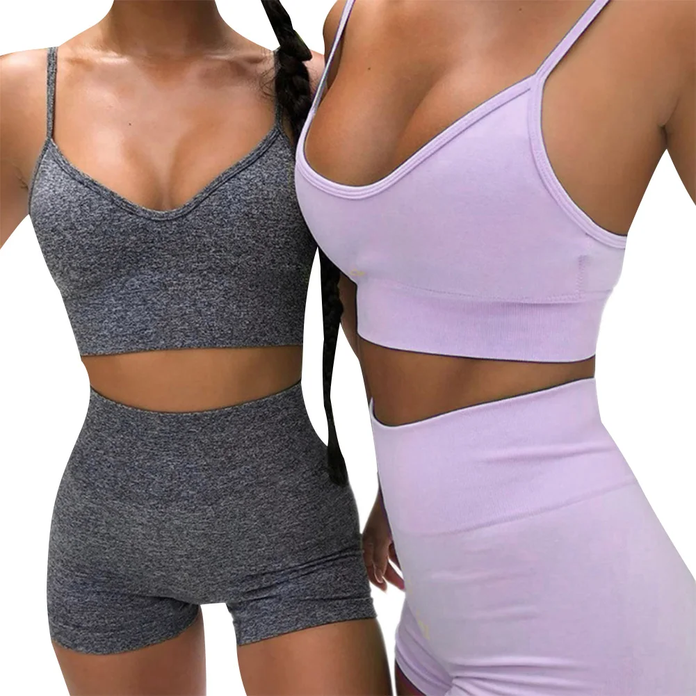 

Sports Two Piece Set Women Sexy Solid Low Cut Skinny Camis+High Waist Bodycon Shorts Fitness Gym Set Tracksuit Streetwear