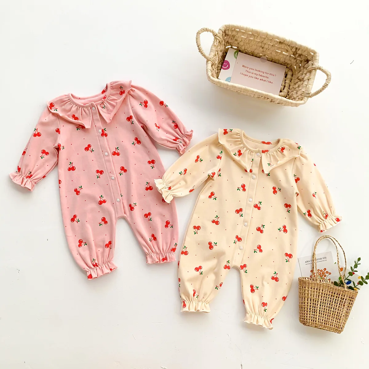 

2021 Autumn Baby Rompers 100%cotton Long Sleeve Cherry Print Bodysuits for Newborn Ruffle Collar Romper Toddler Girls Clothes