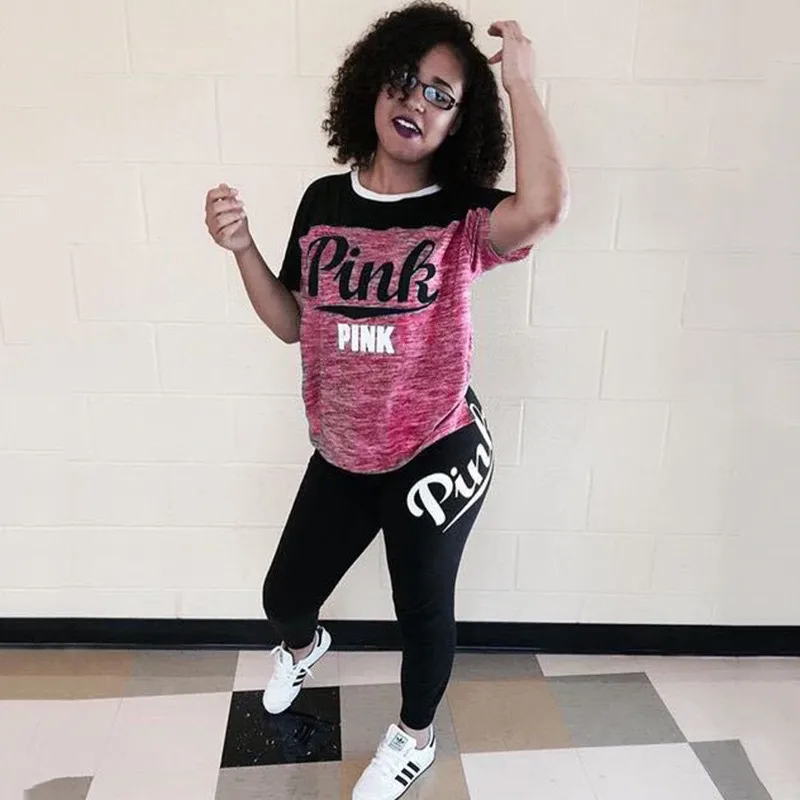 Горячая надпись розовый принт женский наряд короткий рукав Футболка и длинные