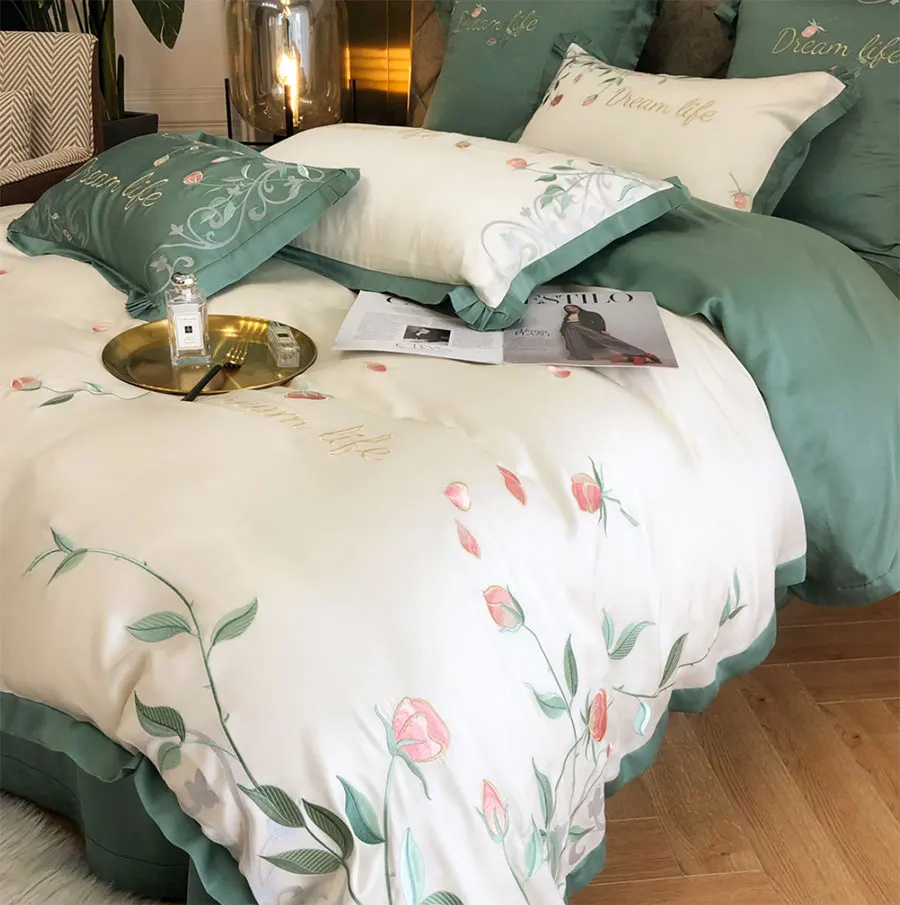 Preço Flor Pastoral Verde Jogo De Cama, Europeu Americano Rústico Floral Completa Rainha Rei Casa Têxtil Folha Fronha Colcha Capa