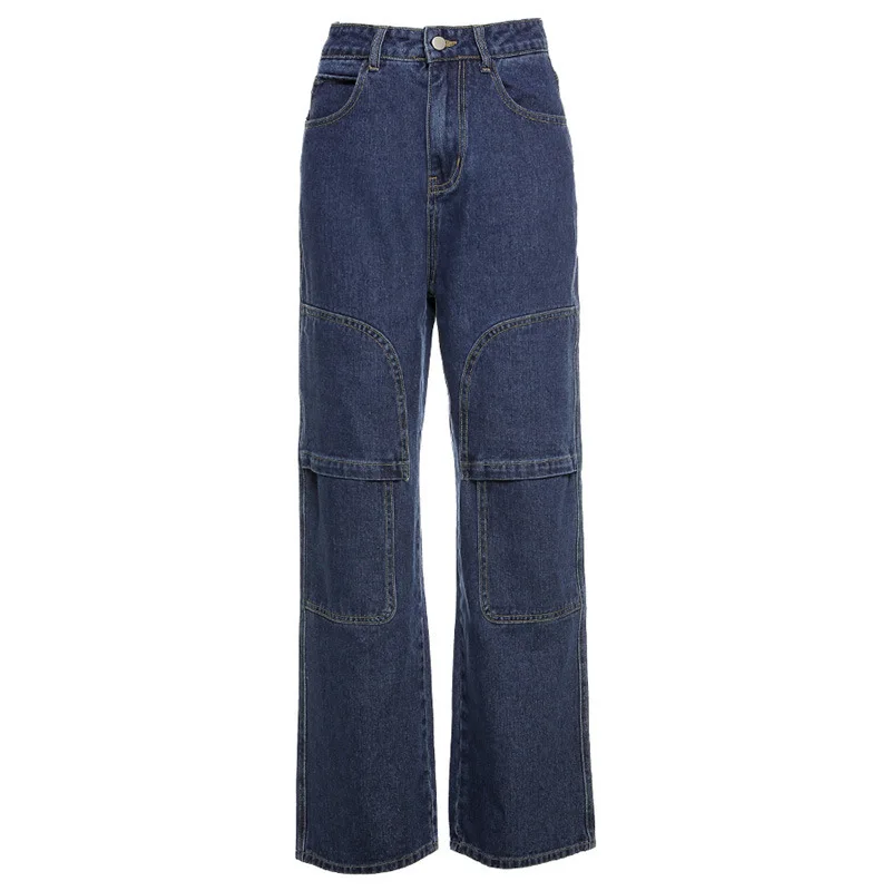 

Women Indie Street Fashion Mid-Seam Splice Jeans Aesthetics Mid Waist Straight Pant 2021 Spring Autumn Vintage Y2k Trousers Blue