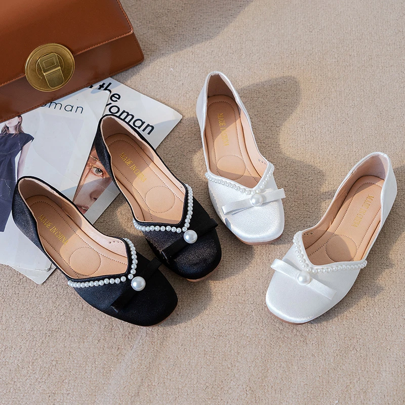 

2021 New Fashion Women's Flat Shoes Comfortable Versatile Pearl Square Heel Women's Shoes Non-slip Pumps Women Shoes Adult