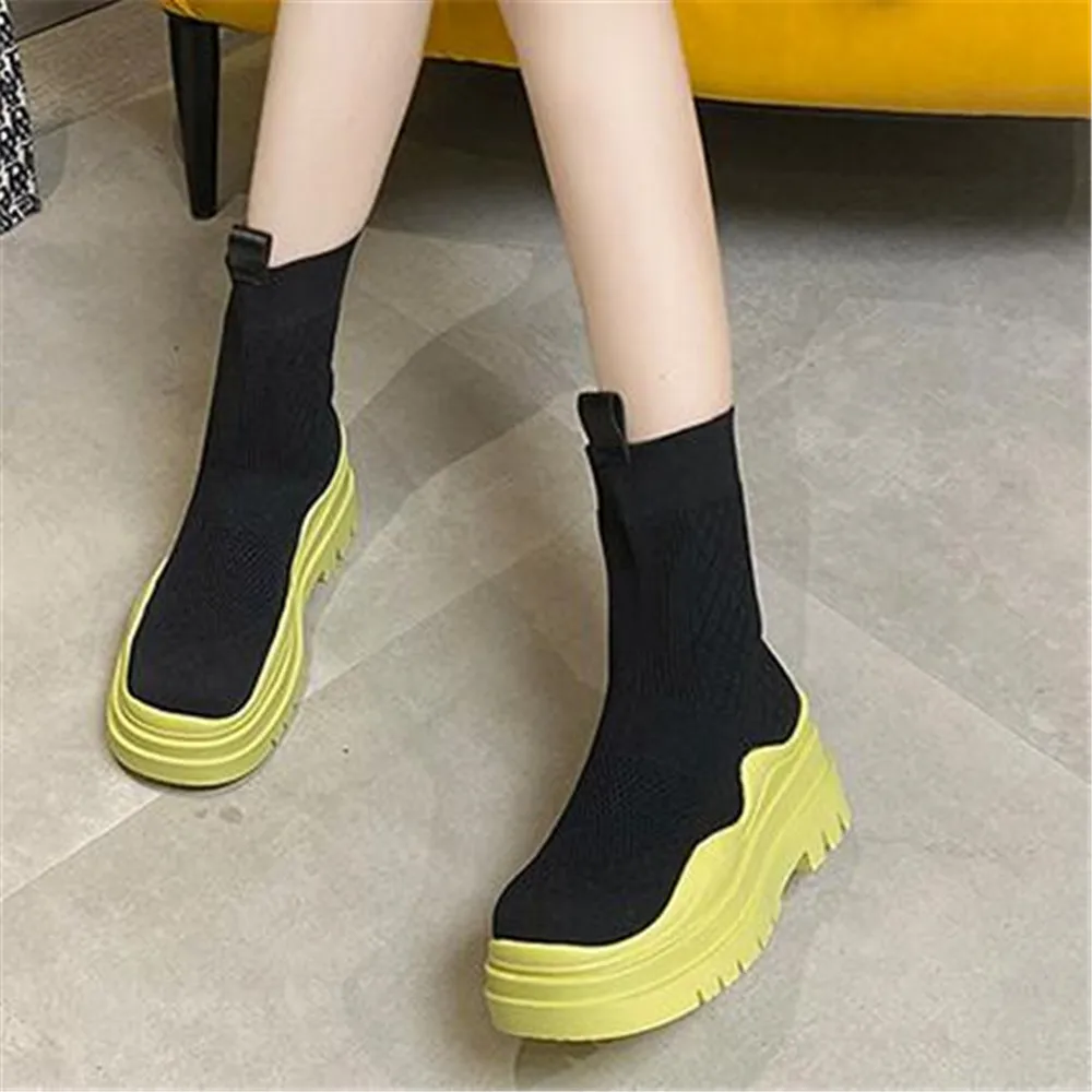 

Autumn Winter Thick Bottom Chelsea Boots Women British Slip On Knight Boots Female Runway Elastic Breathable Round Toe Sock Shoe
