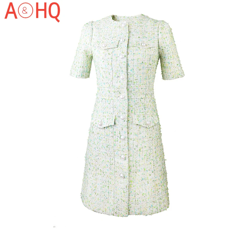 

Tweed Dress light green autumn and winter women's dress Unedged Cardigan Tweed Small Fragrance Dress