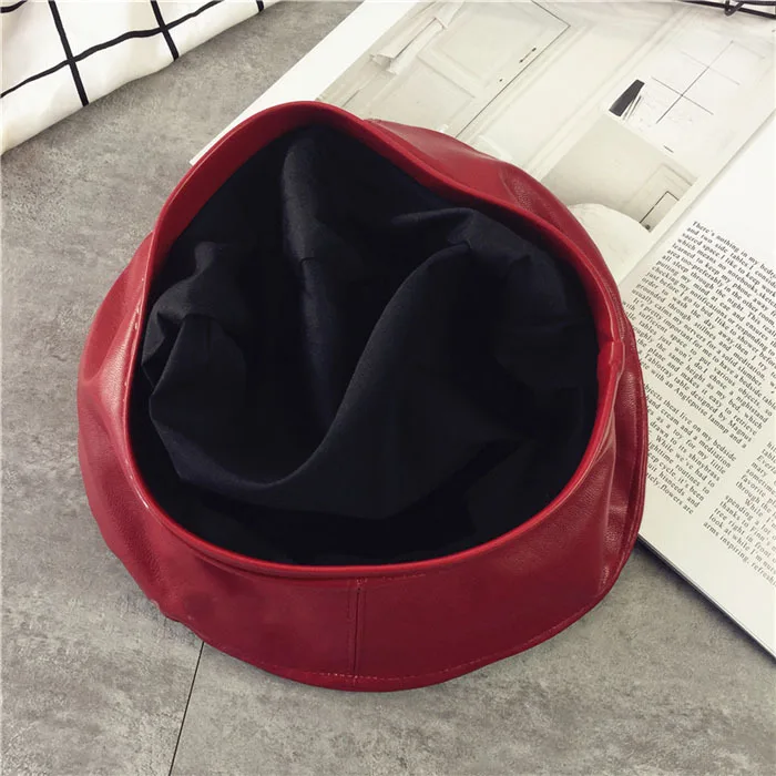 

Red Black PU Leather Beret Individuality Cool Woman Cap Hat Wholesale
