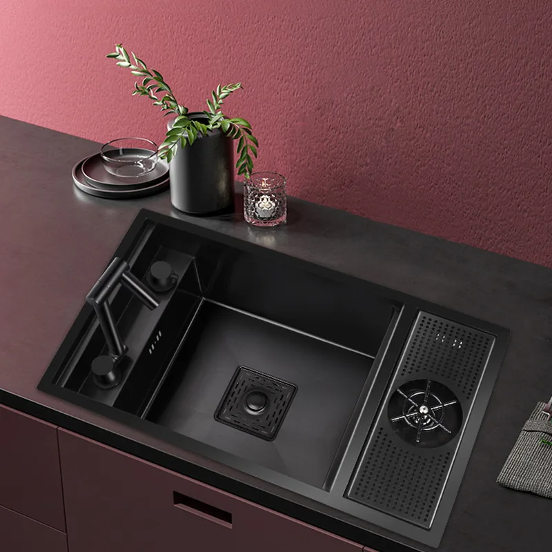 

Kitchen stainless steel single slot foldable faucet nano sink cup washer black vegetable sink