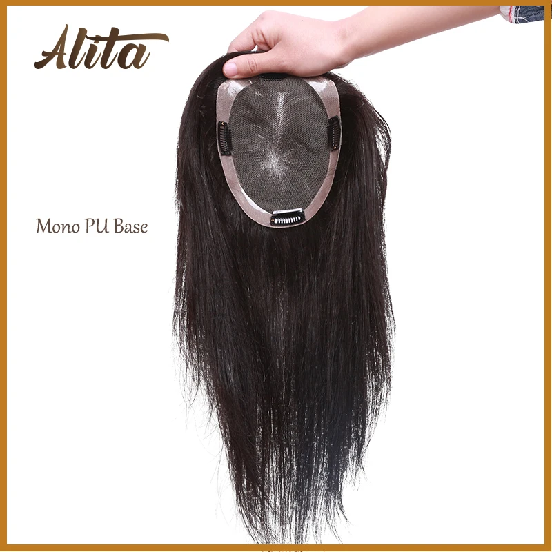 

Mono PU Base Topper Toupee for Women Straight Natural Black Hairpieces Remy Human Hair Wig Female Intermediate Clip In Extension