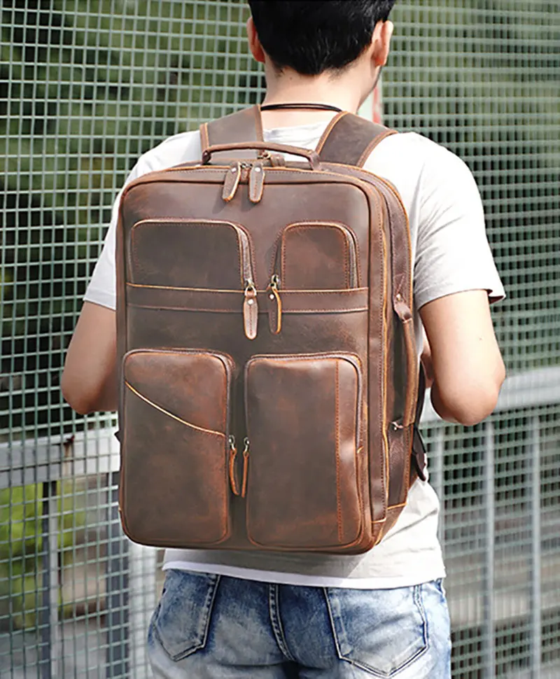 

Multi Functional Leather Men's backpack, large capacity travel bag, 100% leather, 17 inch, laptop