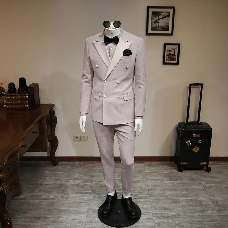 

XM geeki Men's fashion handsome Pink Double Breasted slim fit suit banquet wedding British bridegroom suit