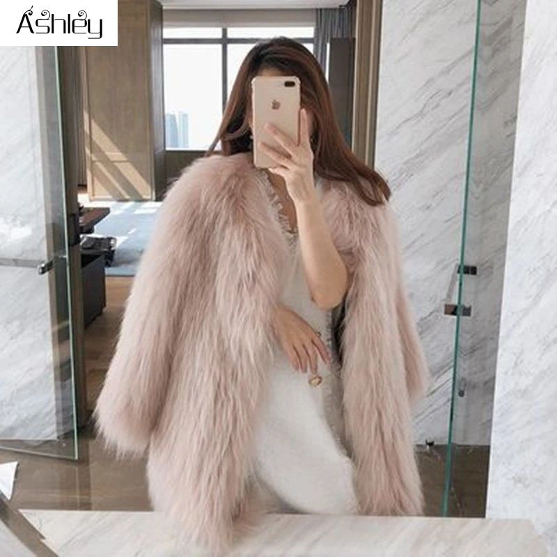 

Ashley Casual furry faux fur coats women Fake fur coat female short pink coat 2020 winter clothing party colored fur overcoat