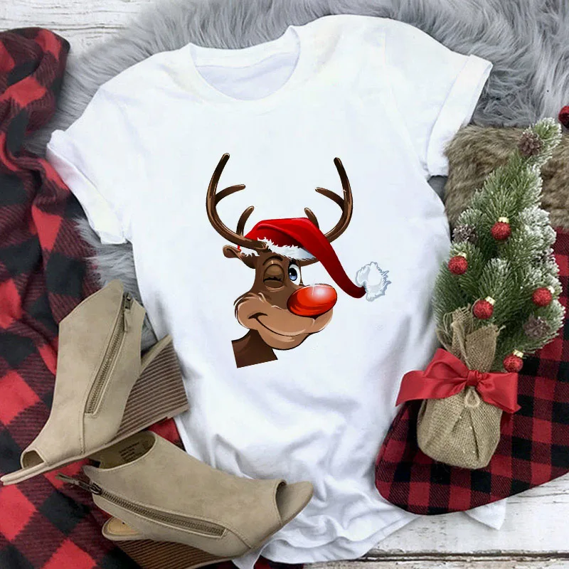

Santa and Reindeer Printed Tee Shirts Femme Christmas Red Short Sleeve T Shirt Women Fashion Graphic Colorful Women Tshirts Tops