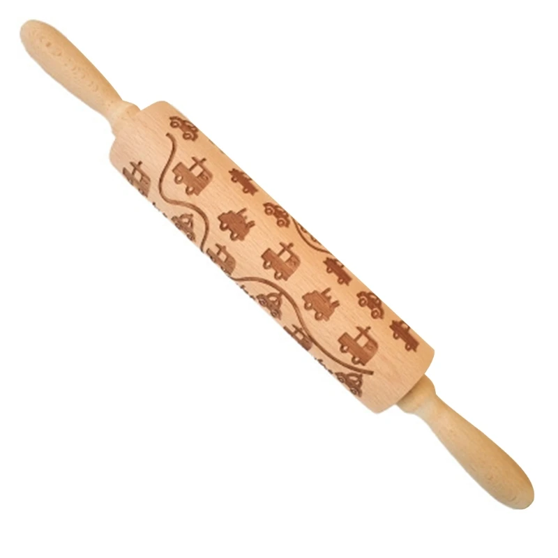 

Christmas Elk Printing Rolling Pin Engraved Wood Embossing Cookie Baking Tool H3CC