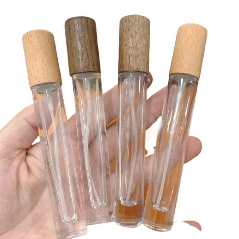 Bamboo Wooden Lid Round Square Clear Thick Glass Perfume Spray Bottle Gold Atomizer 10ml Empty Cosmetic Packing Container 20pcs