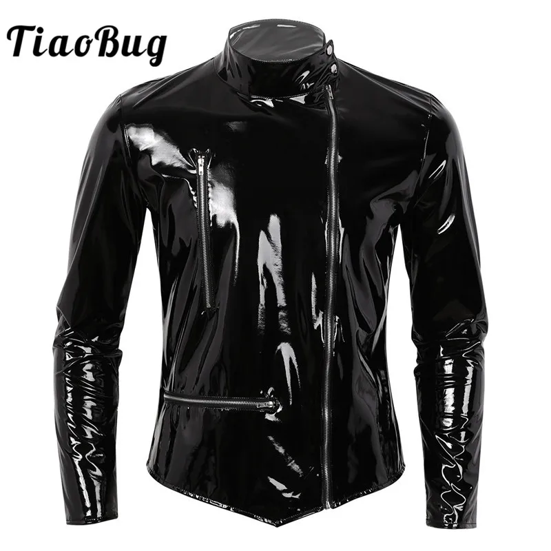 

Мужская байкерская куртка из лакированной кожи, с длинным рукавом и воротником-стойкой