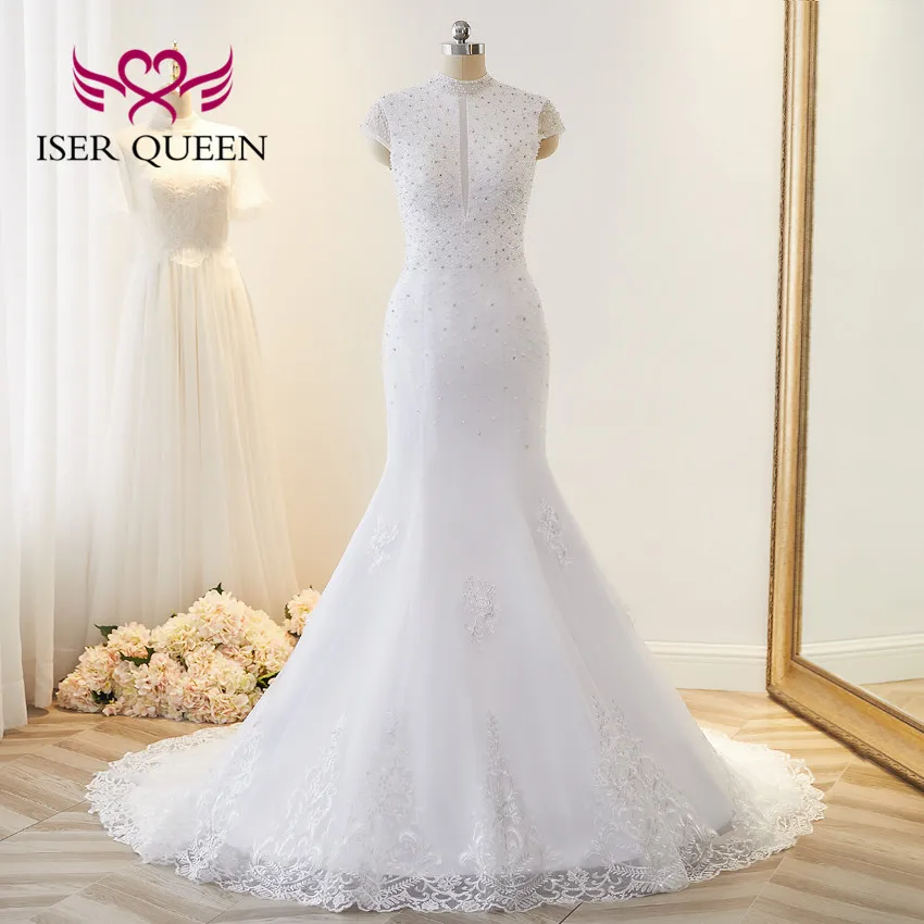 

Женское свадебное платье с высокой горловиной, белое платье-Русалка с вышивкой из бисера, с открытой спиной, в американском стиле, WX0221