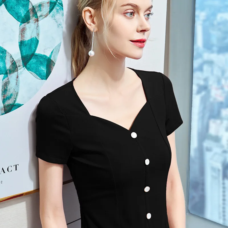 

Sexy V-neck short sleeve T-shirt women's summer new foreign style blouse French button solid color tights