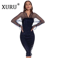 xuru plus size womens sequined dress v neck sexy mesh long sleeved split dress club party dress