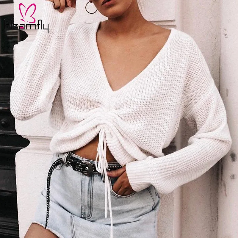 New Solid Winter Autumn Women Tie Up V-neck Irregular Long Sleeve Knitted Sweater Crop Tops Blouse Smock 2 Colors 2019 | Женская одежда