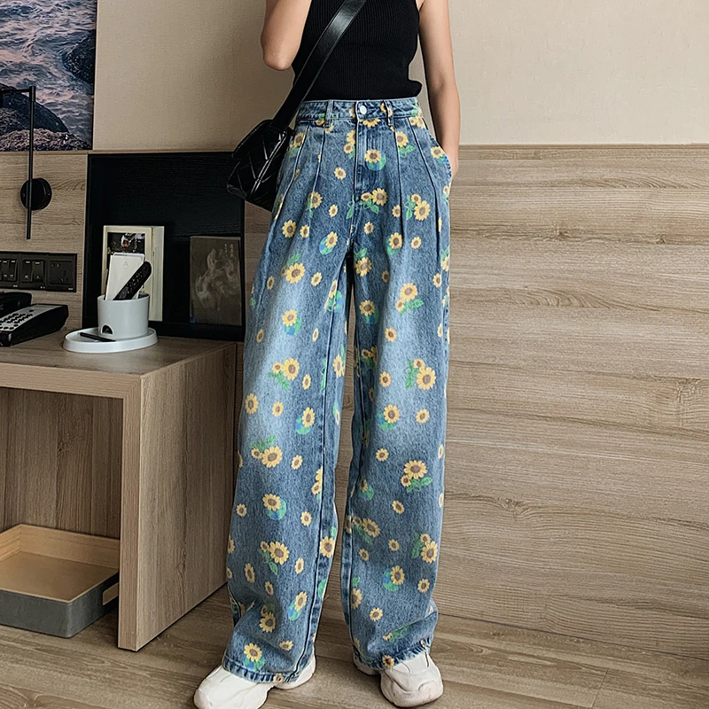 

autumn Large Size 4XL Straight Flowers Print pants Wide Leg Jeans For Women Blue Loose High Waist Baggy Pants Casual Jeans