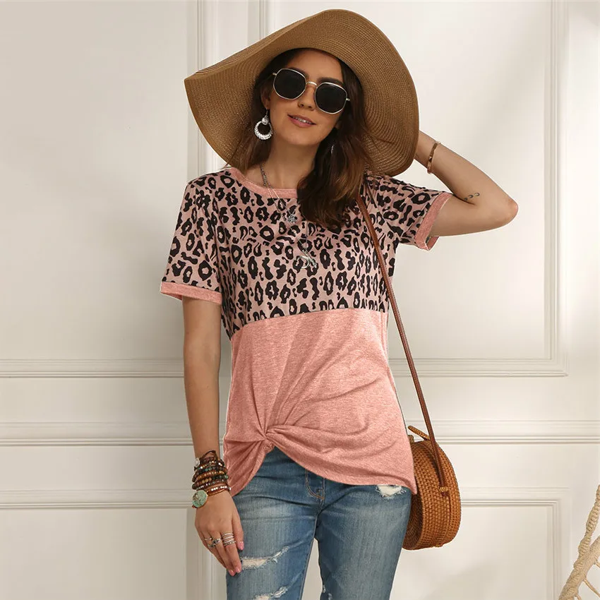 Женская леопардовая футболка Женский Топ в стиле пэчворк летние футболки с