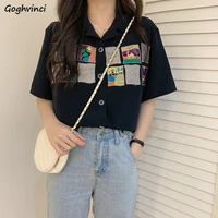 blouses shirts women summer short sleeve leisure printed harajuku loose womens tops all match teens stylish chic vintage black