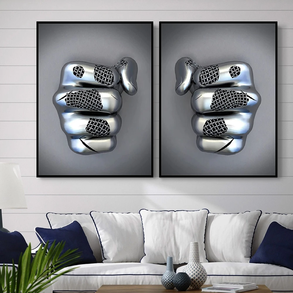 

Nordic Canvas 3D Effect Metal Silver Wall Art Canvas Painting Double fist Poster Print Wall Picture for Living Room Home Decor