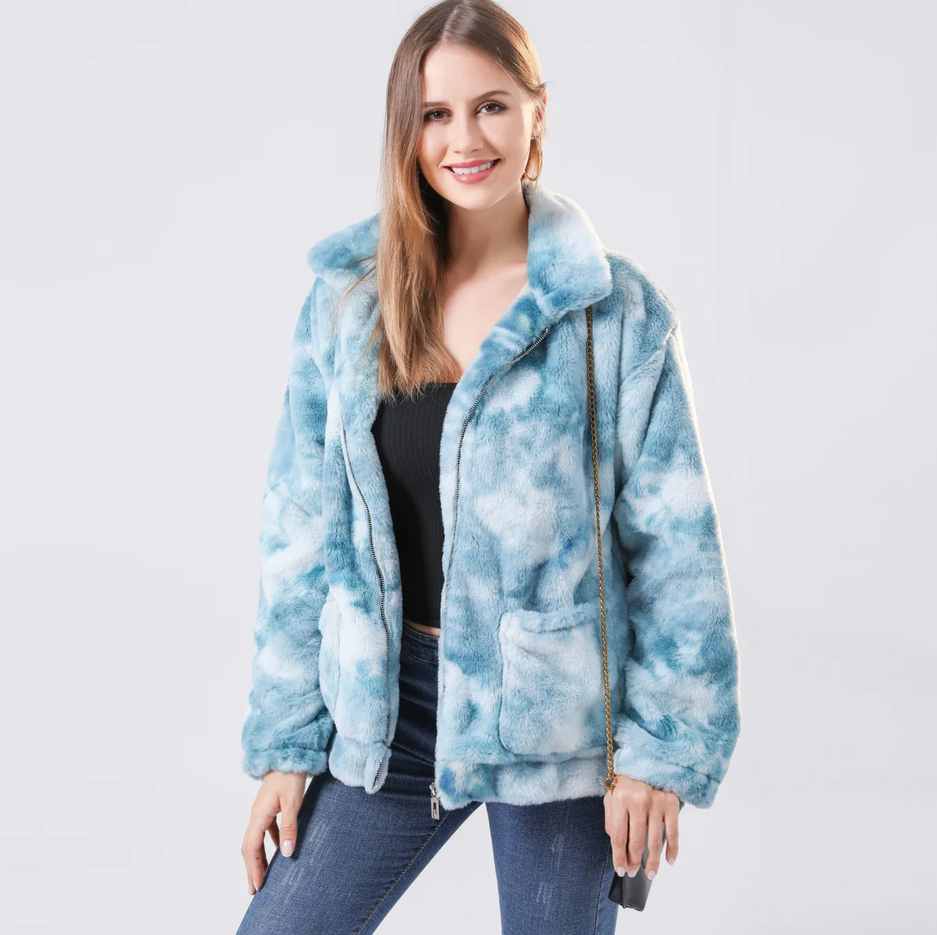

Diiwii Women Winter Warm Jacket Teddy Plush Coat Long Sleeve Tie-Dye Pocket Zipper Lapel Fleece Jacket Outerwear Female Coats
