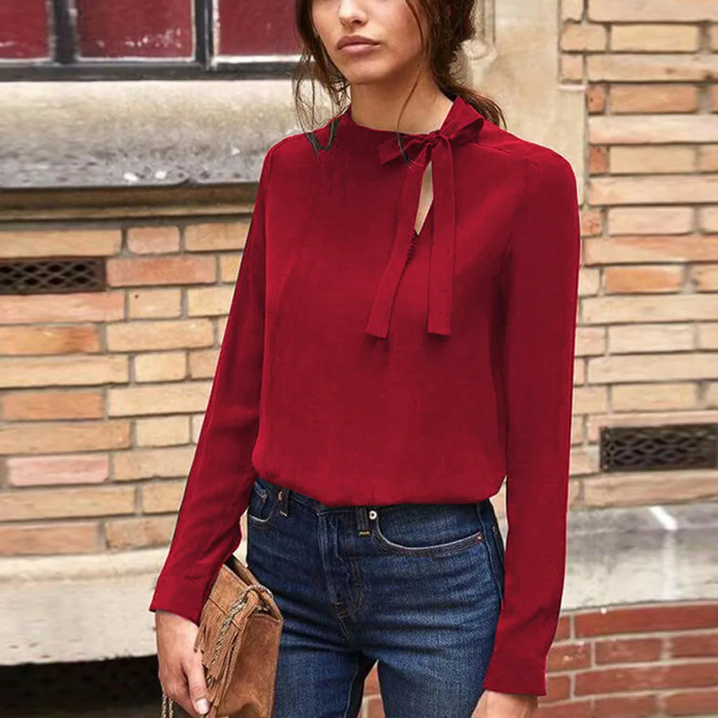 Женская однотонная блузка с длинным рукавом Однотонная рубашка бантом топы