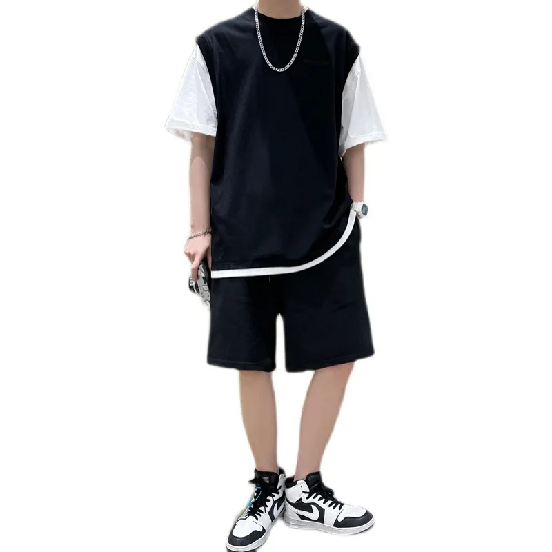 

2021 Men's T-Shirt Hong Kong style new fake two short-sleeved T shirt suit men loose leisure sports two piece men